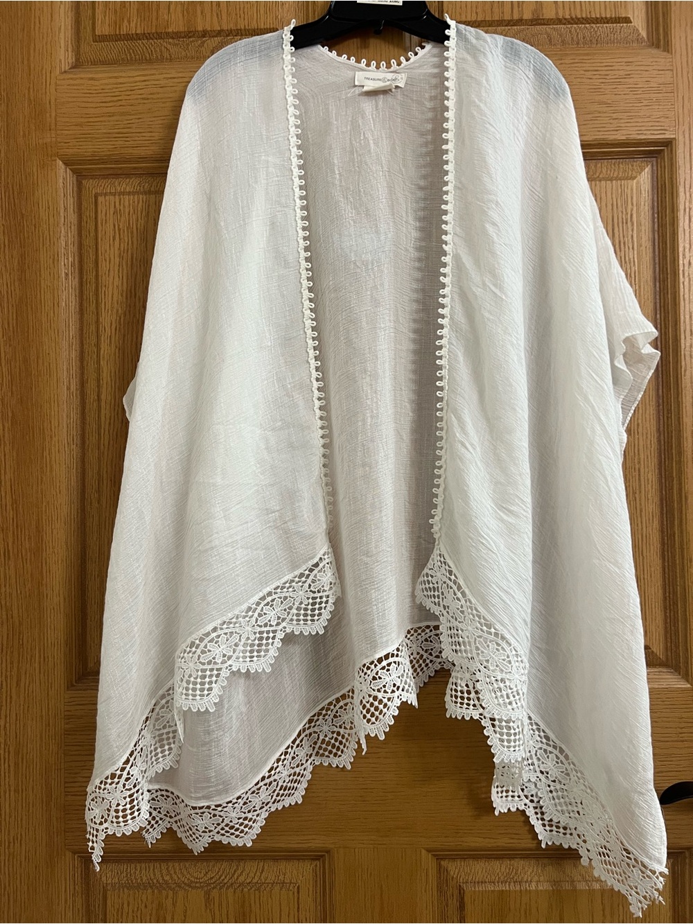 Treasure & Bond Lace Trim Ruana Open Front Kimono Swim Cover Up White One Size